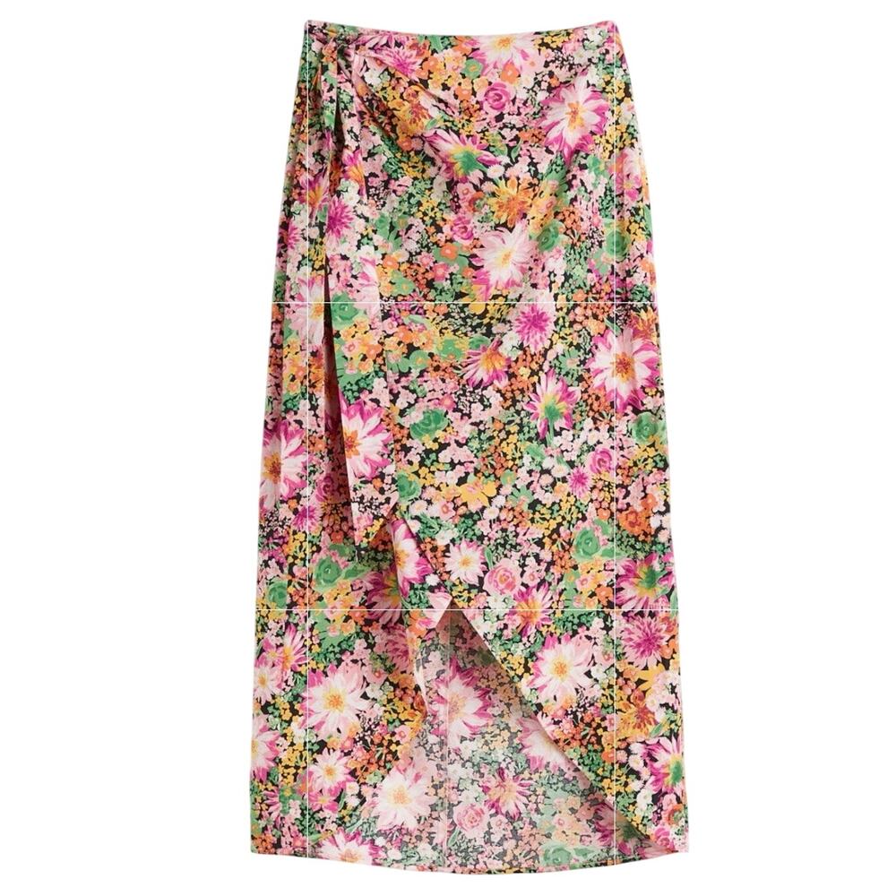 H&M Floral Wrap Skirt Size S High-Low Hem Tie Waist Slit Pink Orange Green NWT